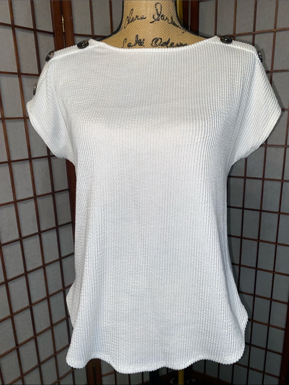 Women's White Short-Sleeve Knit Top with Button Details